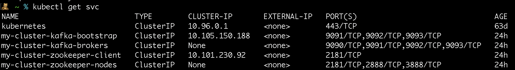 Output of running `kubectl get svc` showing multiple Kafka services.